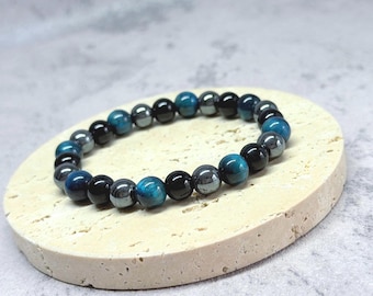 Handmade Triple Protection Gemstone Bracelet - Tiger Eye, Obsidian, Hematite