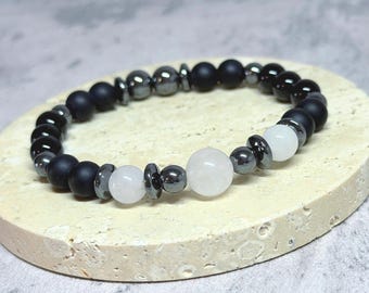 Empath’s Shield Bracelet 10mm – White Moonstone & Black Agate – Handmade Spiritual Protection and Growth