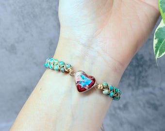 Boho Heart Chakra Bracelet: Natural Gemstones, Adjustable Cord