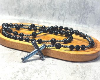 Trendy unisex Cross Necklace with Natural 8mm Stones –Black Obsidian