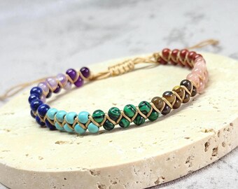 Handmade Chakra Bracelet: Multicolor Natural Stone, Adjustable Boho Jewelry