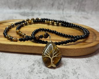 Tiger Eye Tree of Life Necklace: Black Onyx Boho Jewelry