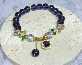 Amethyst Bracelet with Cubic Zirconia Charm - Minimalist Jewelry