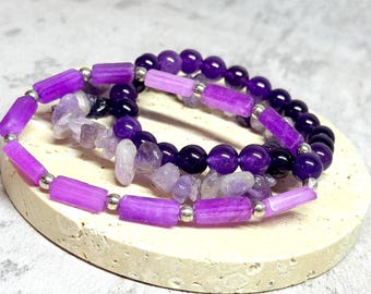 Amethyst Bracelet Set – Natural Gemstone Beads for Anxiety Relief, Meditation