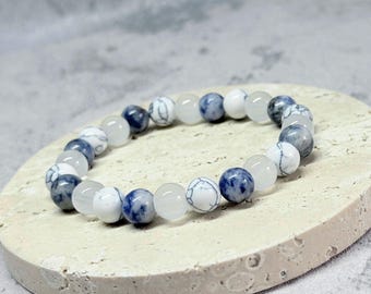 Lapis Lazuli & White Turquoise Bracelet: Handmade Marble Pattern Beaded Jewelry