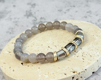 Natural Stone Beaded Stretch Bracelet with Metal Accents