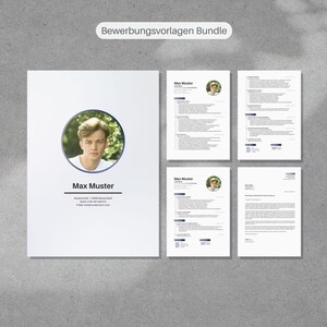 May include: A white resume template bundle with a headshot of a person in a circular frame. The text "Max Muster" is below the headshot, along with contact information. The text "Bewerbungsvorlagen Bundle" is at the top.