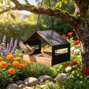 Puede incluir: Un comedero para pájaros negro y moderno con base de madera cuelga de una rama. Un pequeño pájaro con las alas extendidas se posa en el comedero, que está lleno de semillas. El fondo muestra un jardín exuberante con flores coloridas.