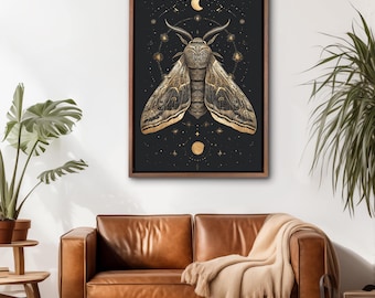 Celestial Moth Wall Art Gold Foil Lunar Insect Canvas Print Mystical Witchy Home Decor Framed Gothic Astrological Artwork Poster