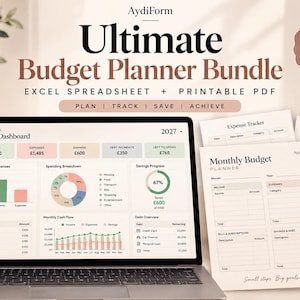 May include: A digital budget planner bundle featuring an AydiForm dashboard on a laptop screen with charts, income, and expense trackers, alongside printed monthly budget, expense, and savings tracker sheets with the text Ultimate Budget Planner Bundle.