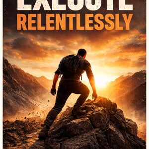 May include: An inspirational image featuring a person climbing a rocky mountain towards a bright sunset. The words "EXECUTE RELENTLESSLY" are displayed in bold white and orange text at the top of the image, conveying a message of determination and perseverance.