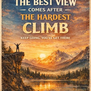 May include: A vintage poster featuring a mountain landscape with a lake and the text "THE BEST VIEW COMES AFTER THE HARDEST CLIMB". The image shows a person standing on a cliff with arms raised, with a sunset in the background.