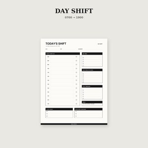 May include: A white paper planner sheet titled DAY SHIFT 0700 to 1900. The layout includes a Today's Shift header, an hourly game plan from 0700 to 1800 with checkboxes, and sections for key tasks, lab results, calls, messages, breaks, and end of shift notes.