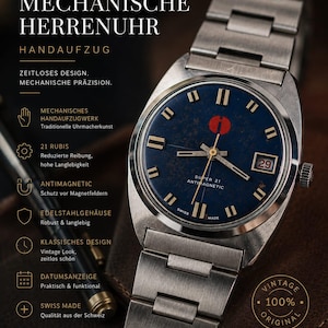 May include: Vintage stainless steel wristwatch with a dark blue face, featuring a date display and a red accent. The watch has a metal band and the text "SUPER 21 ANTIMAGNETIC" is visible on the face. The watch is labeled "SWISS MADE".