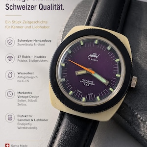 May include: A vintage Neri wristwatch with a black leather band. The watch face is purple with white and orange accents, and the bezel is cream-colored. The watch has text that reads "Vintage Charme. Schweizer Qualität."