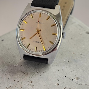 May include: A vintage wristwatch with a silver case and a light beige face. The watch has gold hands and markers, with the text "TEMPIC" and "17 JEWELS". It features a black leather strap.