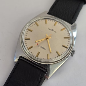 May include: A vintage TEMPIC wristwatch with a silver case and a black leather strap. The watch face is light-coloured with gold hands and markers. The text "TEMPIC" and "17 JEWELS" are visible on the watch face.