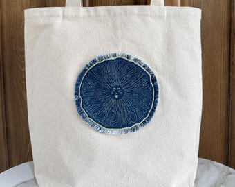 Handmade Canvas Tote Bag, Embroidered Denim Sun Appliqué, Artisan Shoulder Bag