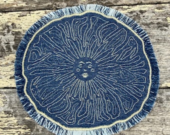Boho Celestial Sun Patch | Embroidered Frayed Denim Appliqué (Sew-on)