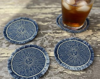 Embroidered Denim Sun Coaster | Frayed Celestial Boho Table Decor