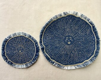 Embroidered Denim Sun Appliqué | Celestial Sew On Patch | Metallic Gold Thread, Frayed Edge