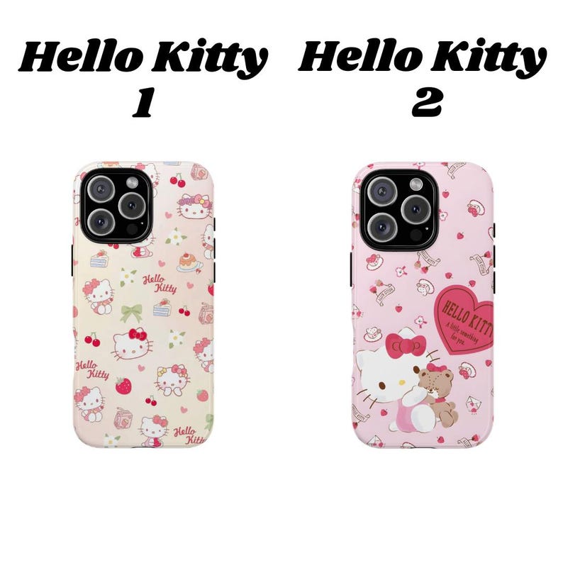 May include: Two phone cases featuring Hello Kitty designs. The first case is light beige with Hello Kitty, cherries, and bows. The second case is pink with Hello Kitty and a teddy bear, plus a heart-shaped graphic.