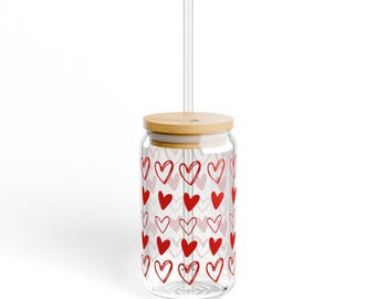 Heart Pattern Sipper | 16oz Glass Tumbler with Straw