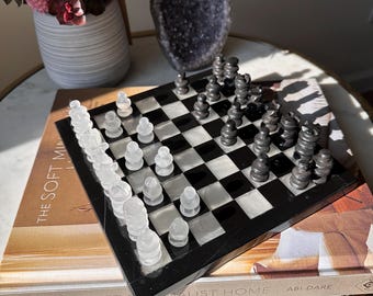 Set di scacchi in onice fatto a mano - Scacchiera in marmo bianco e nero, artigianato messicano