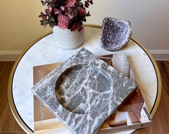 Gray Marble Round Display Tray – Natural Stone Catchall – Modern Minimalist Home Decor