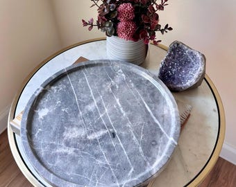Bandeja redonda de mármol gris de lujo / Bandeja decorativa de piedra natural hecha a mano / Organizador para mesa de centro, tocador o encimera de cocina / Decoración moderna para el hogar