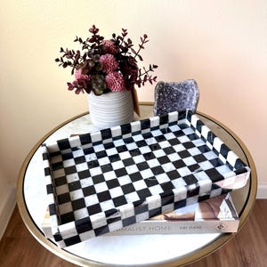 Handmade Marble Checkered Tray | Black White Serving Decor Accent 11.8 inches x 7.87 inches