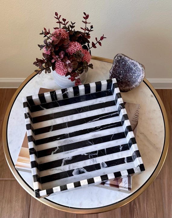 Square Marble Tray - Striped Black and White Serving Tray