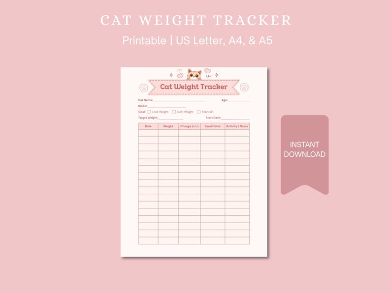 Cat Weight Tracker Printable | Pet Health Log | Kitten Weight Chart ...