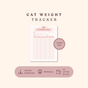 Peut inclure: Un document imprimable de suivi du poids du chat avec un en-tête rose illustré d'un chat, des champs pour les détails du chat et une grille pour noter la date, le poids, les changements, la nourriture et l'activité. Badge 1 UNIQUE PAGE.