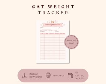 Cat Weight Tracker Printable | Pet Health Log | Kitten Weight Chart | Digital Download