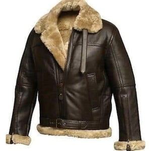 Men’s B3 Shearling Leather Jacket, Vintage Aviator Bomber Coat, Real Sheepskin Winter Jacket Brown