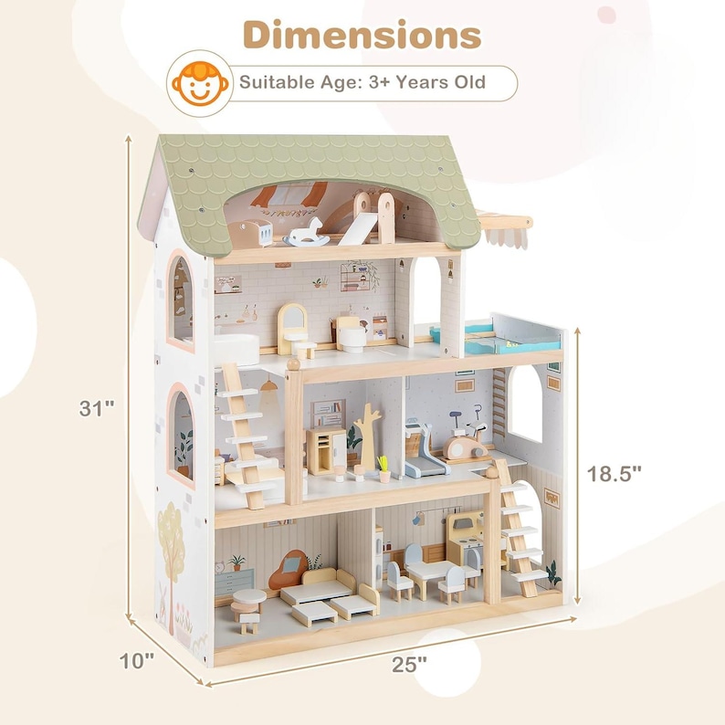 May include: A three-story wooden dollhouse with a light green roof and white exterior. The dollhouse is 31 inches tall, 25 inches wide, and 10 inches deep. It includes miniature furniture and accessories. Suitable for ages 3+.