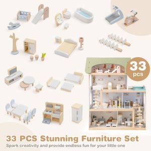 May include: A 33-piece wooden dollhouse furniture set. The set includes a dollhouse, beds, tables, chairs, kitchen, bathroom, and exercise equipment. The furniture is painted in neutral colors with a modern design. The text reads "33 PCS Stunning Furniture Set".