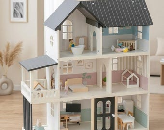 3 Story Wooden Dollhouse, Dollhouse with Furniture, Large Kids Doll House, Waldorf Playhouse, Modern Dollhouse, Montessori Toy,Gift for Kids