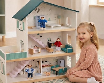 Wooden Dollhouse with Furniture and Family Dolls, Modern Play Toy for Kids