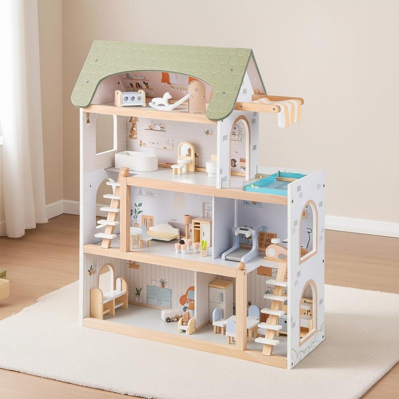 May include: A multi-story wooden dollhouse with a green roof and multiple rooms. The dollhouse features a variety of miniature furniture and accessories, including a bed, chairs, and a treadmill. The exterior is white with light wood accents.