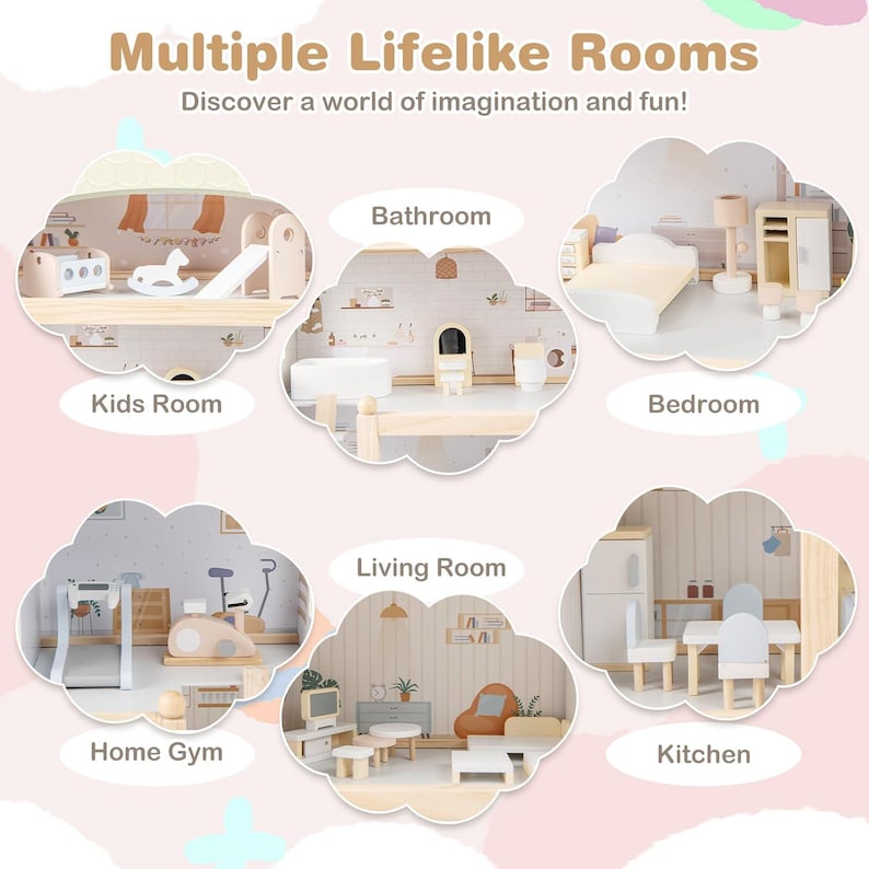 May include: A wooden dollhouse with multiple rooms, including a kids' room, bathroom, bedroom, home gym, living room, and kitchen. Each room is furnished with miniature furniture and accessories. The text "Multiple Lifelike Rooms" and "Discover a world of imagination and fun!" are displayed.