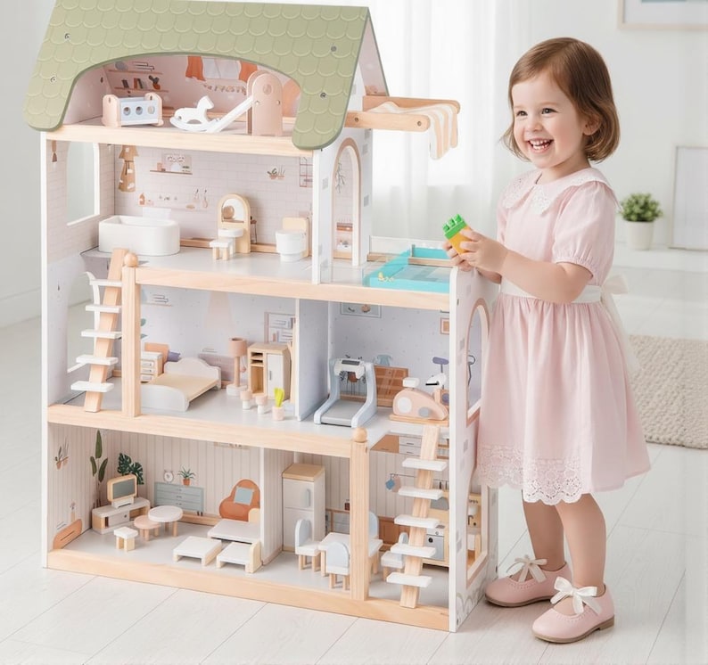 May include: A multi-story wooden dollhouse with a green roof and numerous miniature furniture pieces. The dollhouse features a detailed interior with rooms, including a bedroom, bathroom, and living area. A young child in a pink dress stands next to the dollhouse.