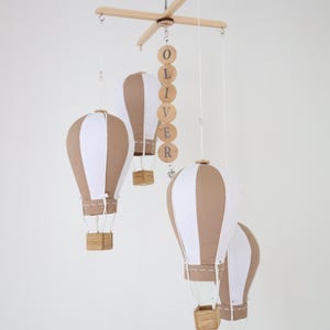 Hot Air Balloon Mobile – Personalized Baby Name, Beige & White Nursery, Adventure Decor
