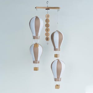 Personalized Hot Air Balloon Mobile: Neutral Beige & White Nursery Decor