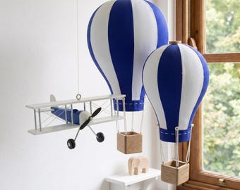 Hot Air Balloons & Wooden Airplane Hanging Travel Aviation Vintage Nursery Decor Set Navy blue