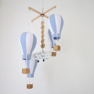 Hot Air Balloon & Airplane Baby Blue Mobile: Personalized Nursery Decor