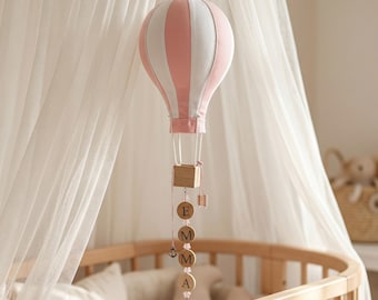 Personalized Hot Air Balloon Nursery Decor Custom Name, Hanging Mobile, Baby Shower Gift, Peach-pink