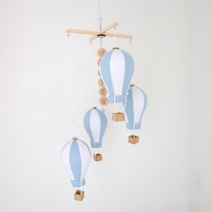 Hot Air Balloon Mobile: Personalized Name Elegant Baby Blue Nursery Decor