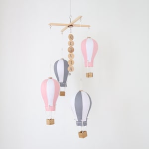 Custom Name Hot Air Balloon Mobile: Pink & Gray Nursery Decor